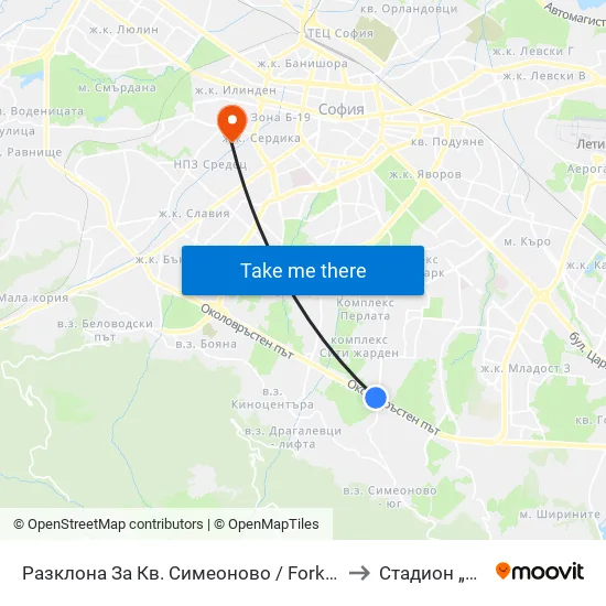 Разклона За Кв. Симеоново / Fork Road To Simeonovo Qr. (1458) to Стадион „Септември“ map