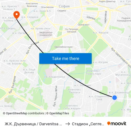 Ж.К. Дървеница / Darvenitsa Qr. (1015) to Стадион „Септември“ map