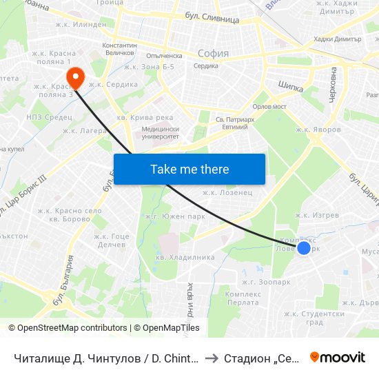 Читалище Д. Чинтулов / D. Chintulov Library (2366) to Стадион „Септември“ map
