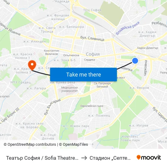 Ⓜ️ Театър София / Sofia Theatre (1727) to Стадион „Септември“ map