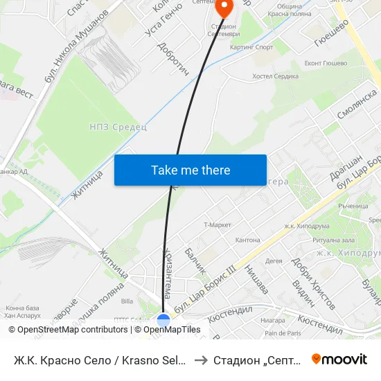 Ⓜ️ Ж.К. Красно Село / Krasno Selo Qr. (0638) to Стадион „Септември“ map
