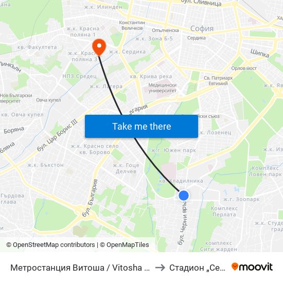 Метростанция Витоша / Vitosha Metro Station (2756) to Стадион „Септември“ map