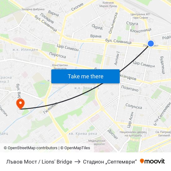 Лъвов Мост / Lions' Bridge to Стадион „Септември“ map