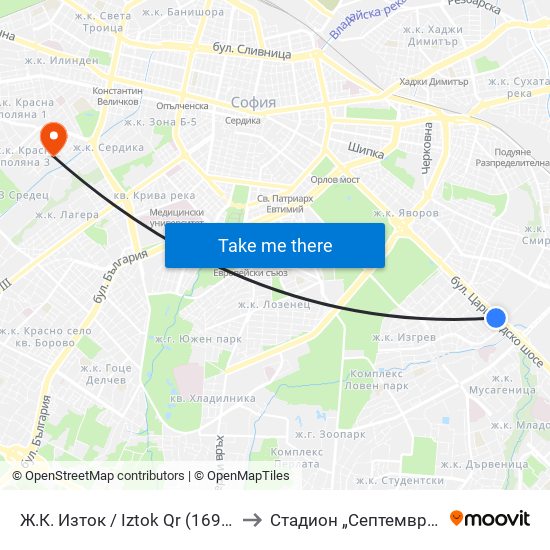 Ж.К. Изток / Iztok Qr (1696) to Стадион „Септември“ map