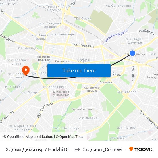 Хаджи Димитър / Hadzhi Dimitar to Стадион „Септември“ map
