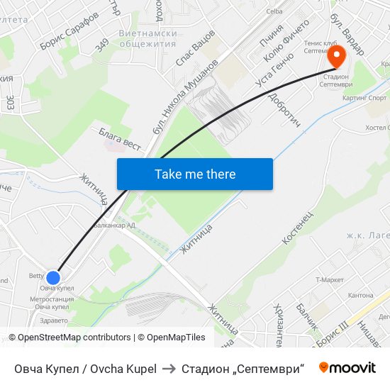 Овча Купел / Ovcha Kupel to Стадион „Септември“ map