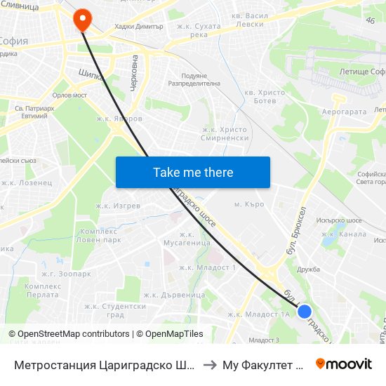 Метростанция Цариградско Шосе / Tsarigradsko Shosse Metro Station (1016) to Му Факултет По Обществено Здраве map