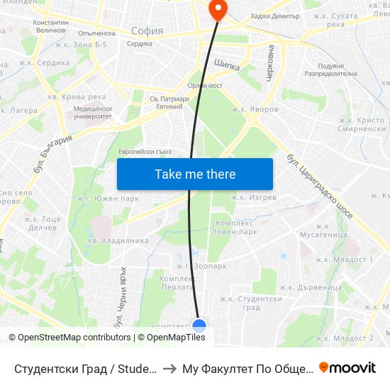 Студентски Град / Students' Town (2382) to Му Факултет По Обществено Здраве map