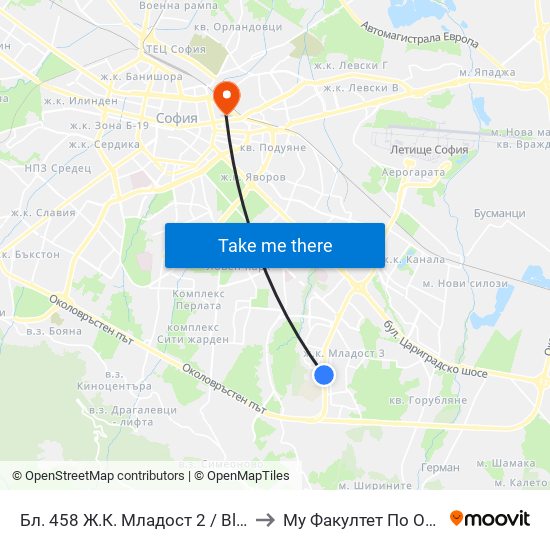 Бл. 458 Ж.К. Младост 2 / Bl. 458, Mladost 2 Qr. (2754) to Му Факултет По Обществено Здраве map