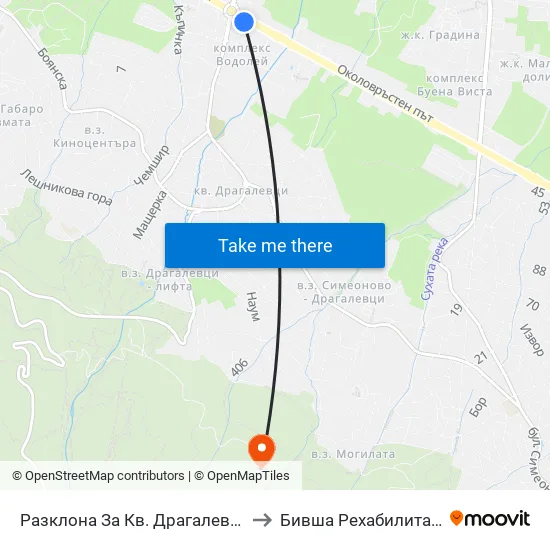 Разклона За Кв. Драгалевци / Fork Road To Dragalevtsi Qr. (1457) to Бившa Рехабилитационна База ""Драгалевци"" map
