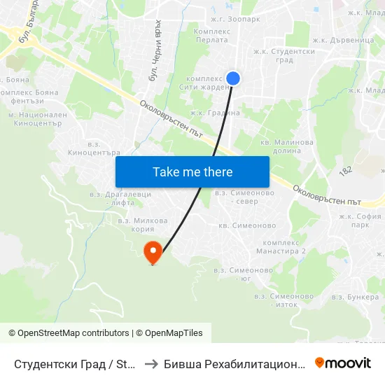 Студентски Град / Students' Town (2382) to Бившa Рехабилитационна База ""Драгалевци"" map