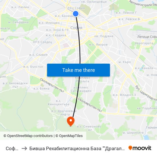 София to Бившa Рехабилитационна База ""Драгалевци"" map