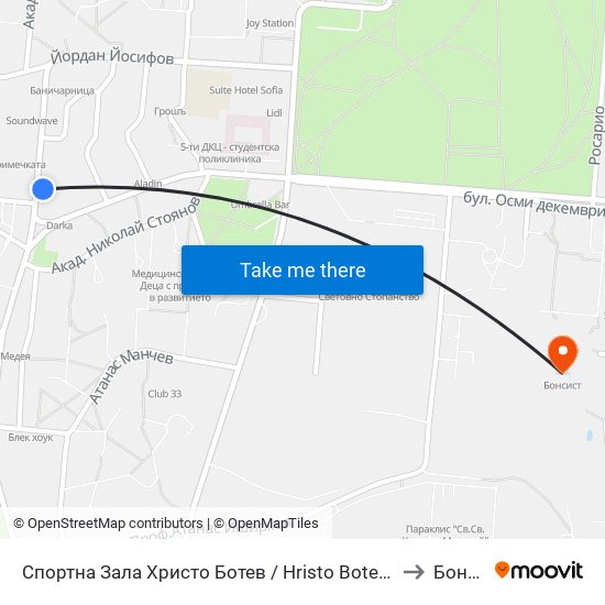 Спортна Зала Христо Ботев / Hristo Botev Sports Hall (1611) to Бонсист map