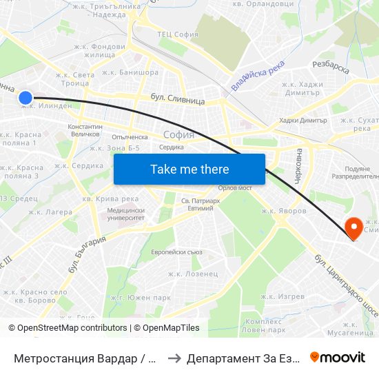 Метростанция Вардар / Vardar Metro Station (1046) to Департамент За Езиково Обучение - Ичс map