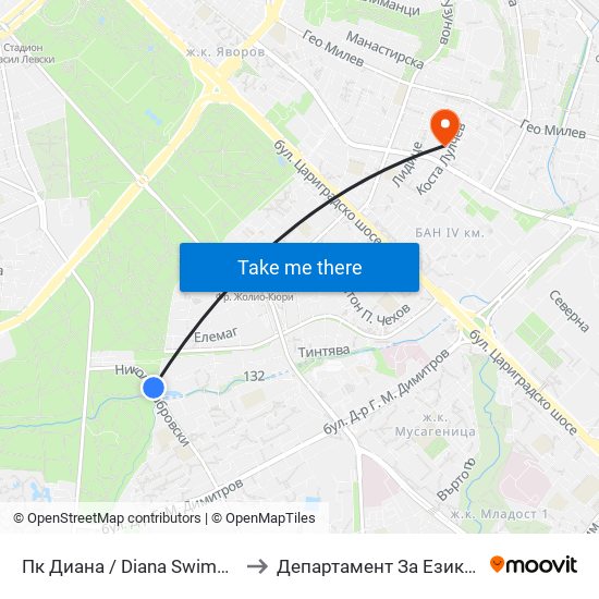 Пк Диана / Diana Swimming Complex (1343) to Департамент За Езиково Обучение - Ичс map
