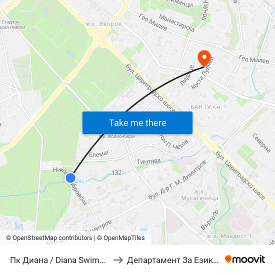 Пк Диана / Diana Swimming Complex (1343) to Департамент За Езиково Обучение - Ичс map