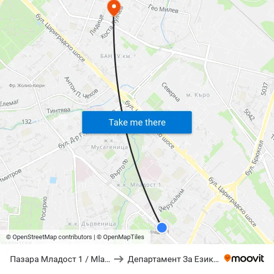 Ⓜ️ Пазара Младост 1 / Mladost 1 Market (0969) to Департамент За Езиково Обучение - Ичс map