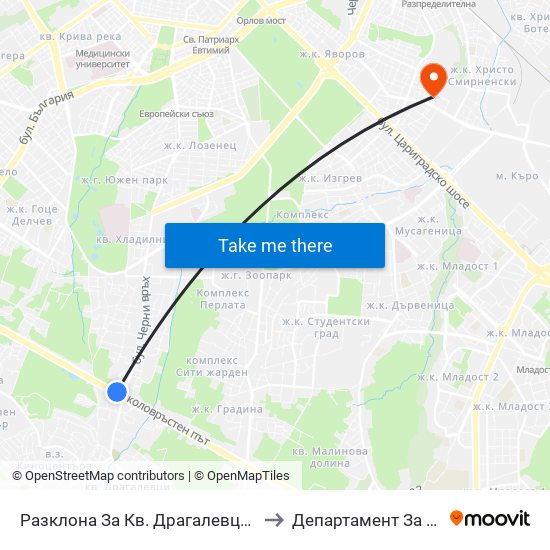 Разклона За Кв. Драгалевци / Fork Road To Dragalevtsi Qr. (1456) to Департамент За Езиково Обучение - Ичс map