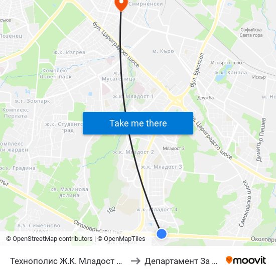 Технополис Ж.К. Младост 4 / Technopolis Mladost 4 Qr. (2494) to Департамент За Езиково Обучение - Ичс map
