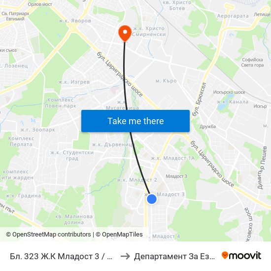 Бл. 323 Ж.К Младост 3 / Bl. 323, Mladost 3 Qr. (2487) to Департамент За Езиково Обучение - Ичс map