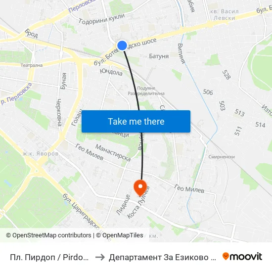 Пл. Пирдоп / Pirdop Sq. (1292) to Департамент За Езиково Обучение - Ичс map