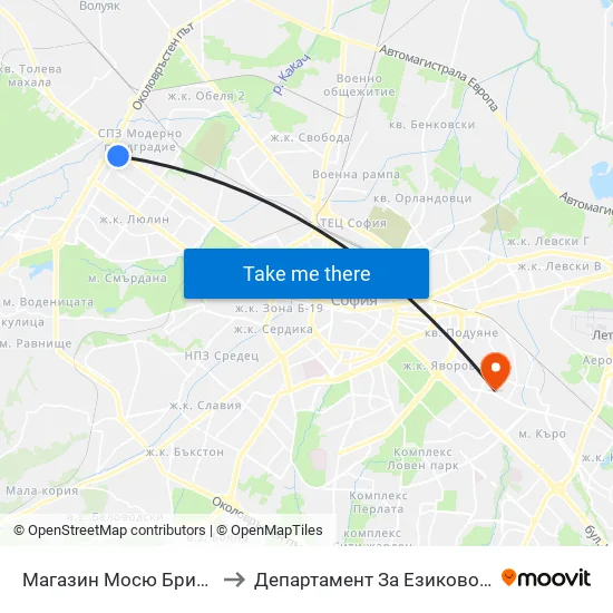 Магазин Мосю Бриколаж (2385) to Департамент За Езиково Обучение - Ичс map
