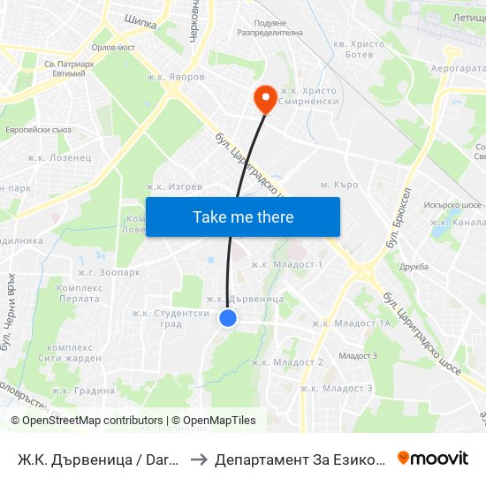 Ж.К. Дървеница / Darvenitsa Qr. (1015) to Департамент За Езиково Обучение - Ичс map
