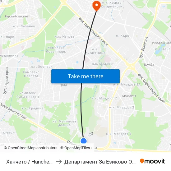 Ханчето / Hancheto (2300) to Департамент За Езиково Обучение - Ичс map