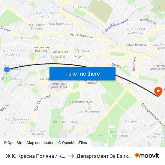 Ж.К. Красна Поляна / Krasna Polyana (0633) to Департамент За Езиково Обучение - Ичс map
