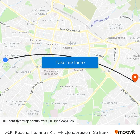 Ж.К. Красна Поляна / Krasna Polyana (0634) to Департамент За Езиково Обучение - Ичс map