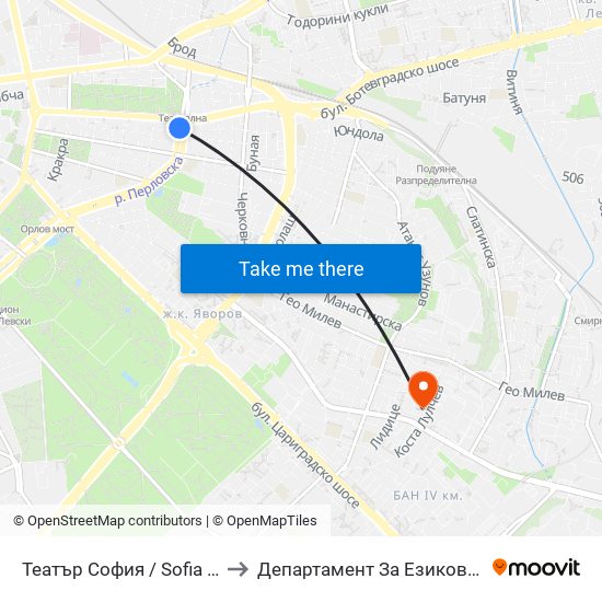 Театър София / Sofia Theatre (1724) to Департамент За Езиково Обучение - Ичс map