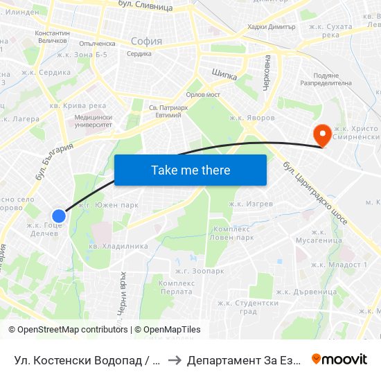 Ул. Костенски Водопад / Kostenski Vodopad (2011) to Департамент За Езиково Обучение - Ичс map