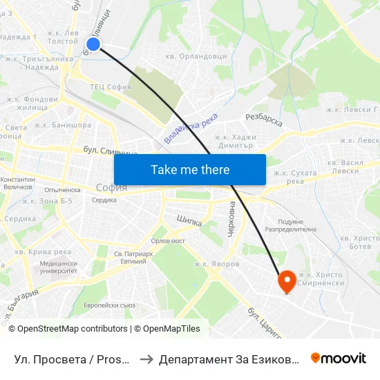Ул. Просвета / Prosveta St. (2142) to Департамент За Езиково Обучение - Ичс map