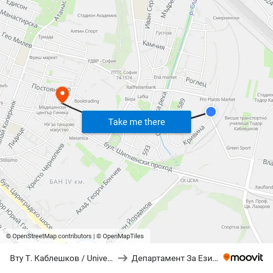 Вту Т. Каблешков / University Of Transport (2014) to Департамент За Езиково Обучение - Ичс map