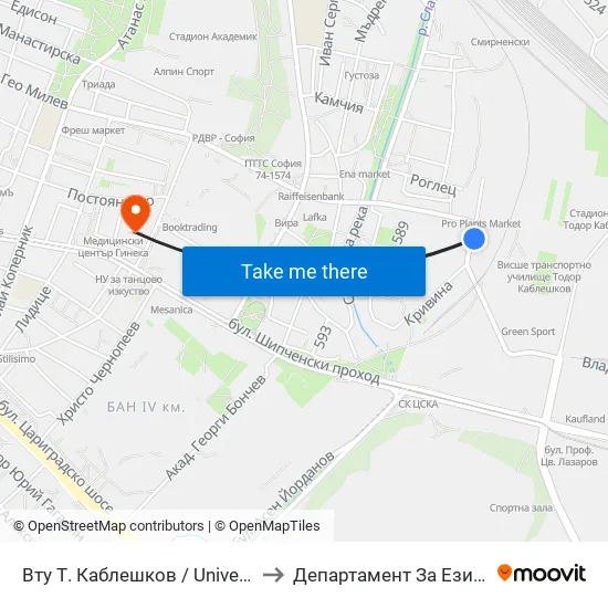 Вту Т. Каблешков / University Of Transport (2013) to Департамент За Езиково Обучение - Ичс map