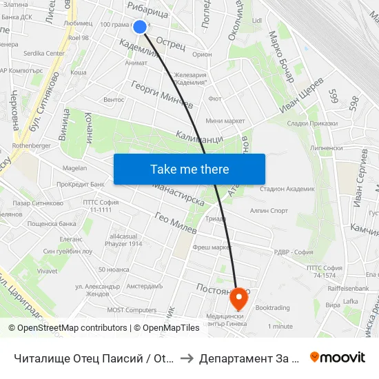 Читалище Отец Паисий / Otets Paisiy Community Centre (2368) to Департамент За Езиково Обучение - Ичс map