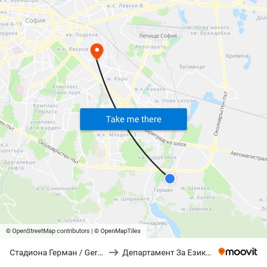 Стадиона Герман / German Stadium (1039) to Департамент За Езиково Обучение - Ичс map