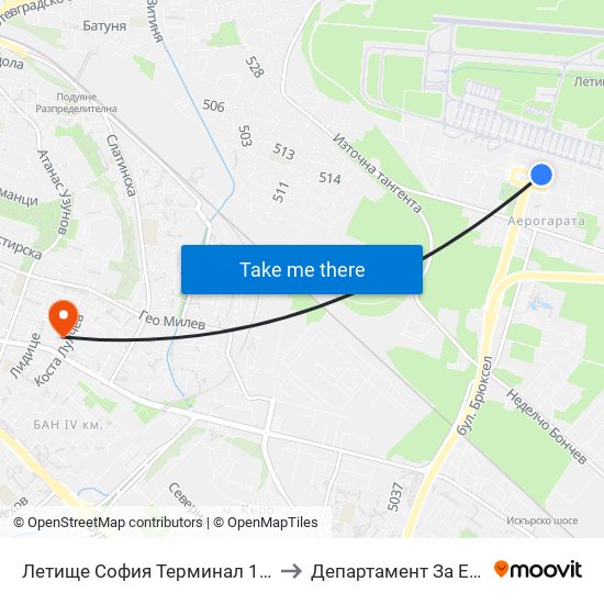 Летище София Терминал 1 / Sofia Airport Terminal 1 (1006) to Департамент За Езиково Обучение - Ичс map