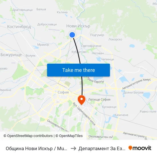 👋 Община Нови Искър / Municipality Of Novi Iskar (0955) to Департамент За Езиково Обучение - Ичс map