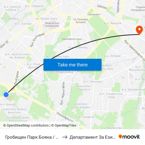 Гробищен Парк Бояна / Boyana Cemetery (0263) to Департамент За Езиково Обучение - Ичс map