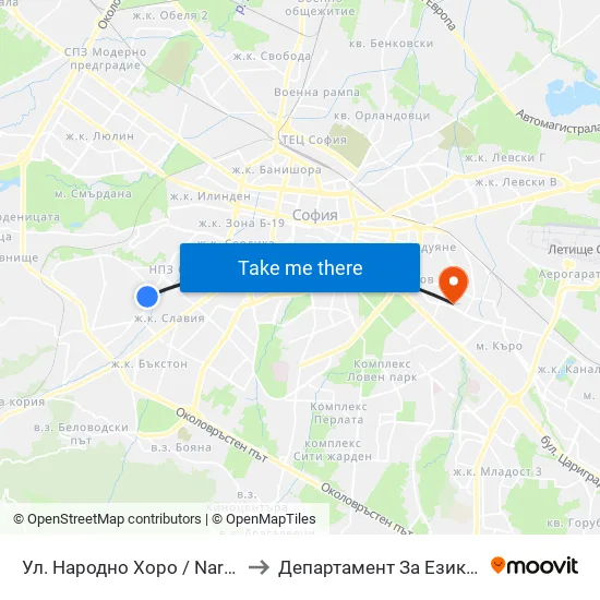 Ул. Народно Хоро / Narodno Horo St. (2057) to Департамент За Езиково Обучение - Ичс map