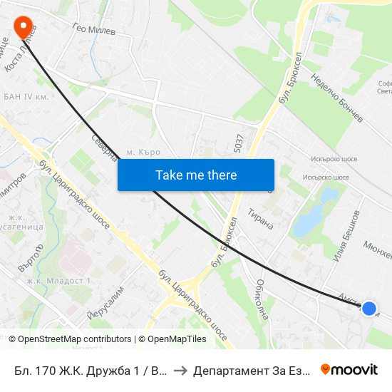 Бл. 170 Ж.К. Дружба 1 / Bl. 170, Druzhba 1 Qr. (0146) to Департамент За Езиково Обучение - Ичс map