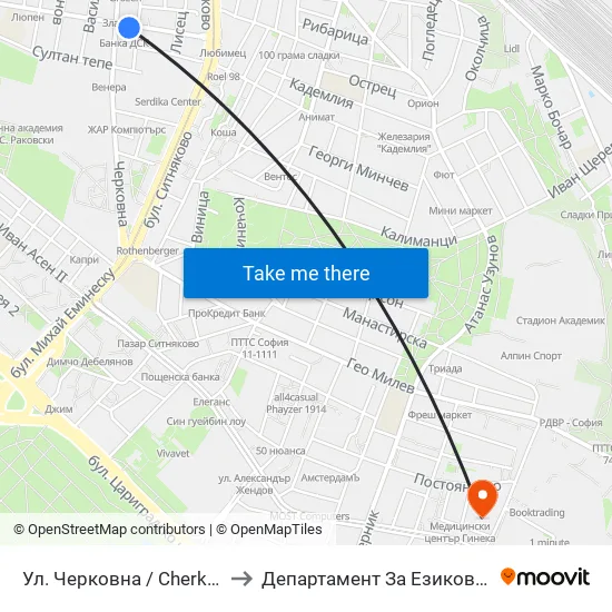 Ул. Черковна / Cherkovna St. (2258) to Департамент За Езиково Обучение - Ичс map