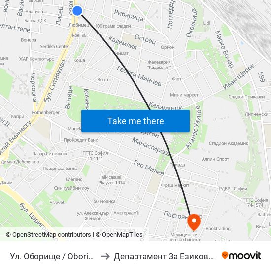 Ул. Оборище / Oborishte St. (2070) to Департамент За Езиково Обучение - Ичс map