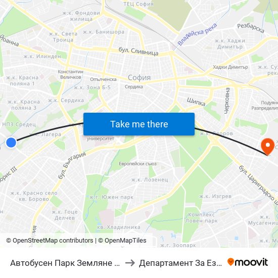 Автобусен Парк Земляне / Zemlyane Bus Depot (0080) to Департамент За Езиково Обучение - Ичс map