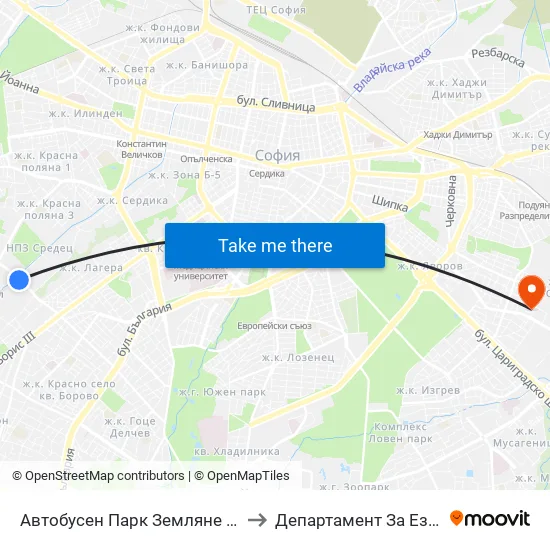 Автобусен Парк Земляне / Zemlyane Bus Depot (0079) to Департамент За Езиково Обучение - Ичс map