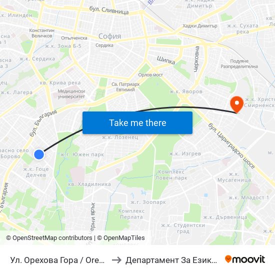Ул. Орехова Гора / Orehova Gora St. (2088) to Департамент За Езиково Обучение - Ичс map