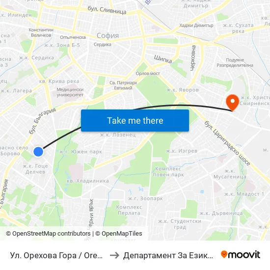 Ул. Орехова Гора / Orehova Gora St. (2088) to Департамент За Езиково Обучение - Ичс map
