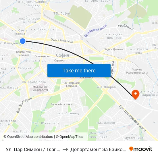 Ул. Цар Симеон / Tsar Simeon St. (2251) to Департамент За Езиково Обучение - Ичс map