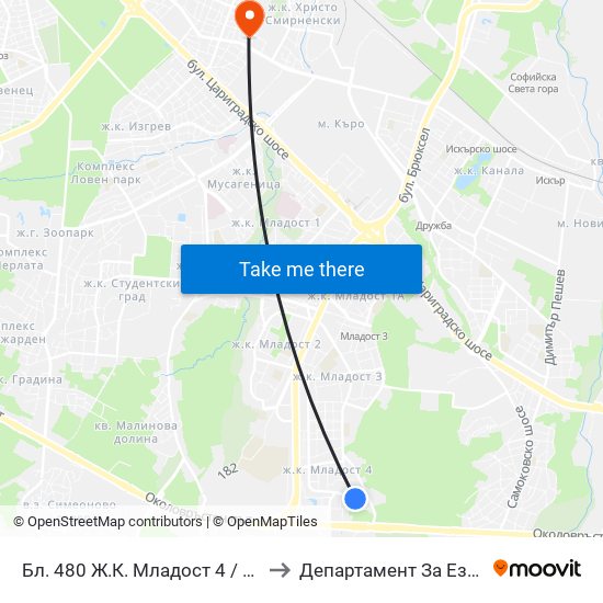 Бл. 480 Ж.К. Младост 4 / Bl. 480, Mladost 4 Qr. (2395) to Департамент За Езиково Обучение - Ичс map
